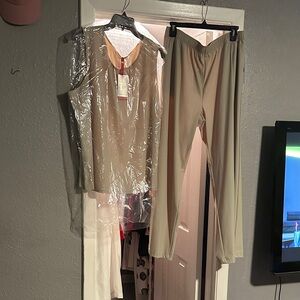 IC COLLECTION Women's Wide-Leg Pull-On Pants in Light Tan with matching camisole